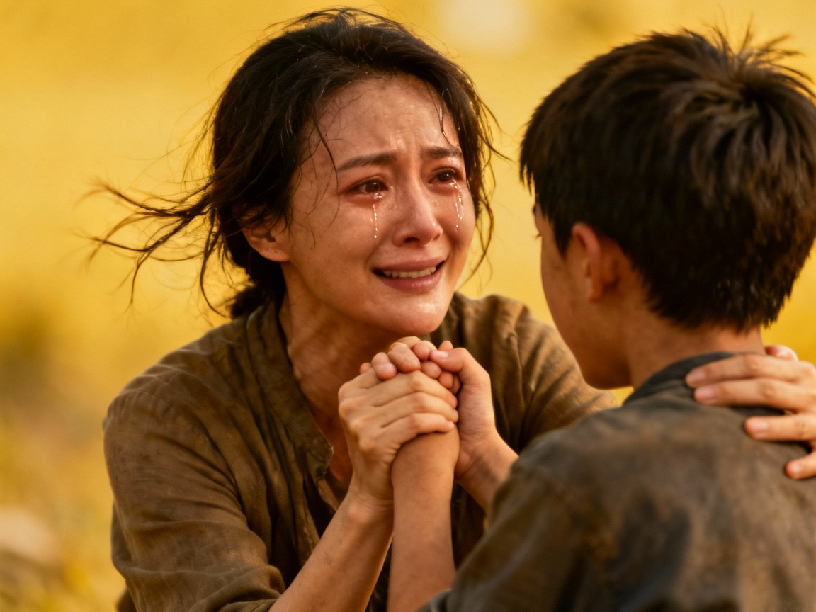 母亲抓住儿子的手