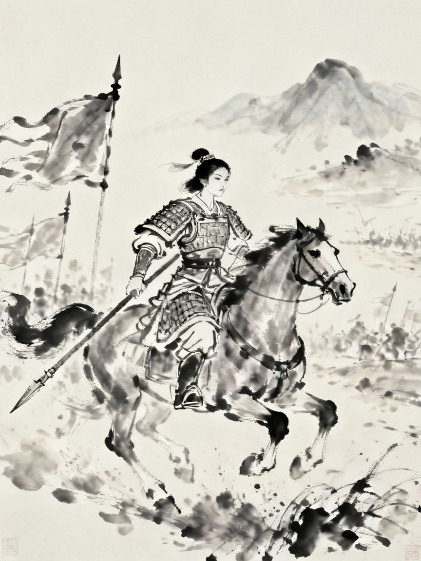 木兰在战场上英勇作战，身穿铠甲的场景