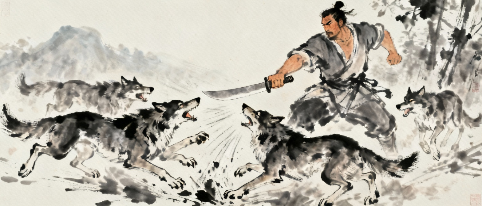屠户挥刀击杀狼群的场景，展现智勇双全