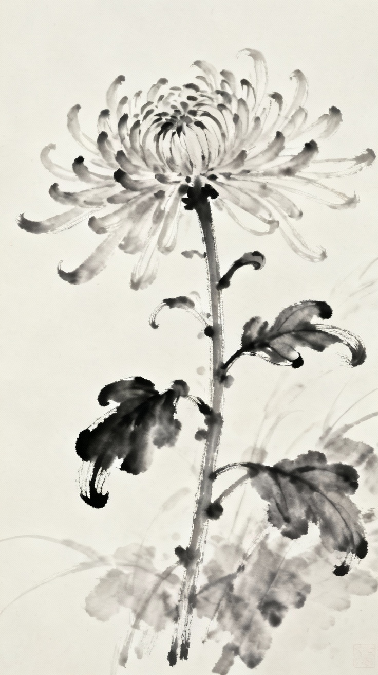 菊花独立秋风中，中国传统水墨画风格，隐逸高洁