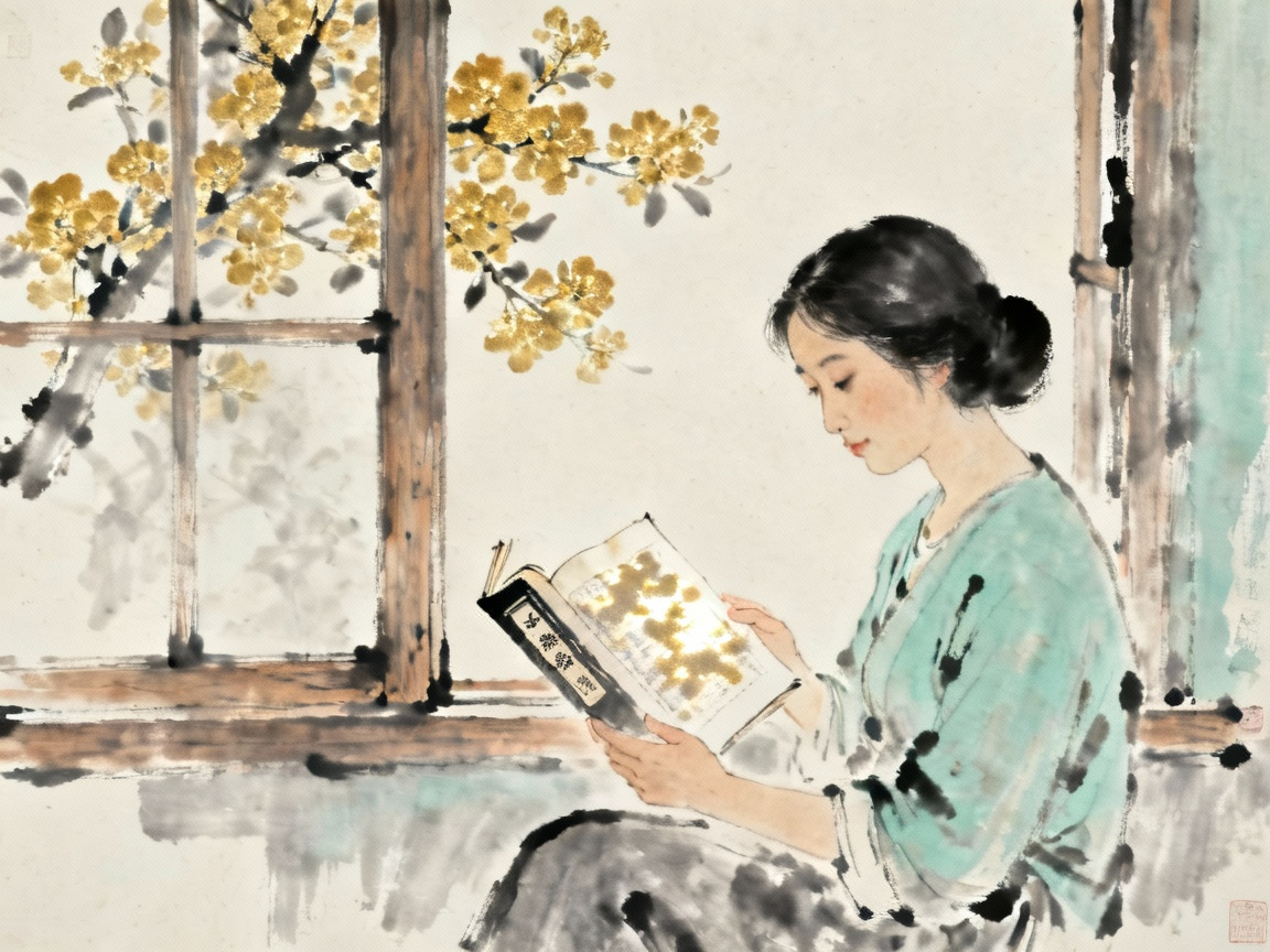 母亲坐在窗前读书