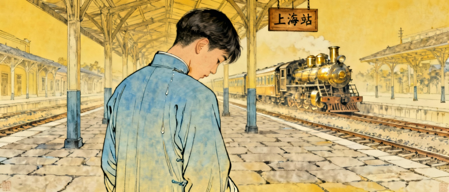 年轻人在火车站流泪的场景