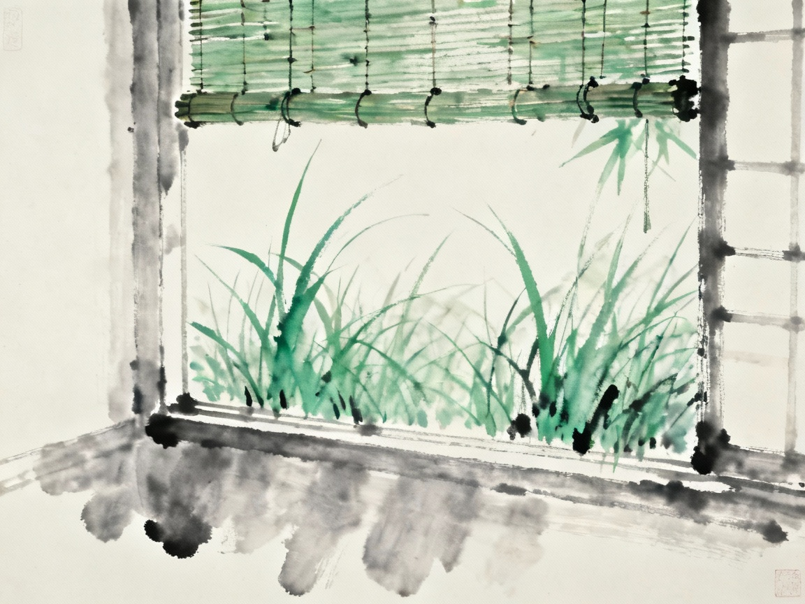 竹帘窗户，青草绿意透过帘子，室内外草色相映