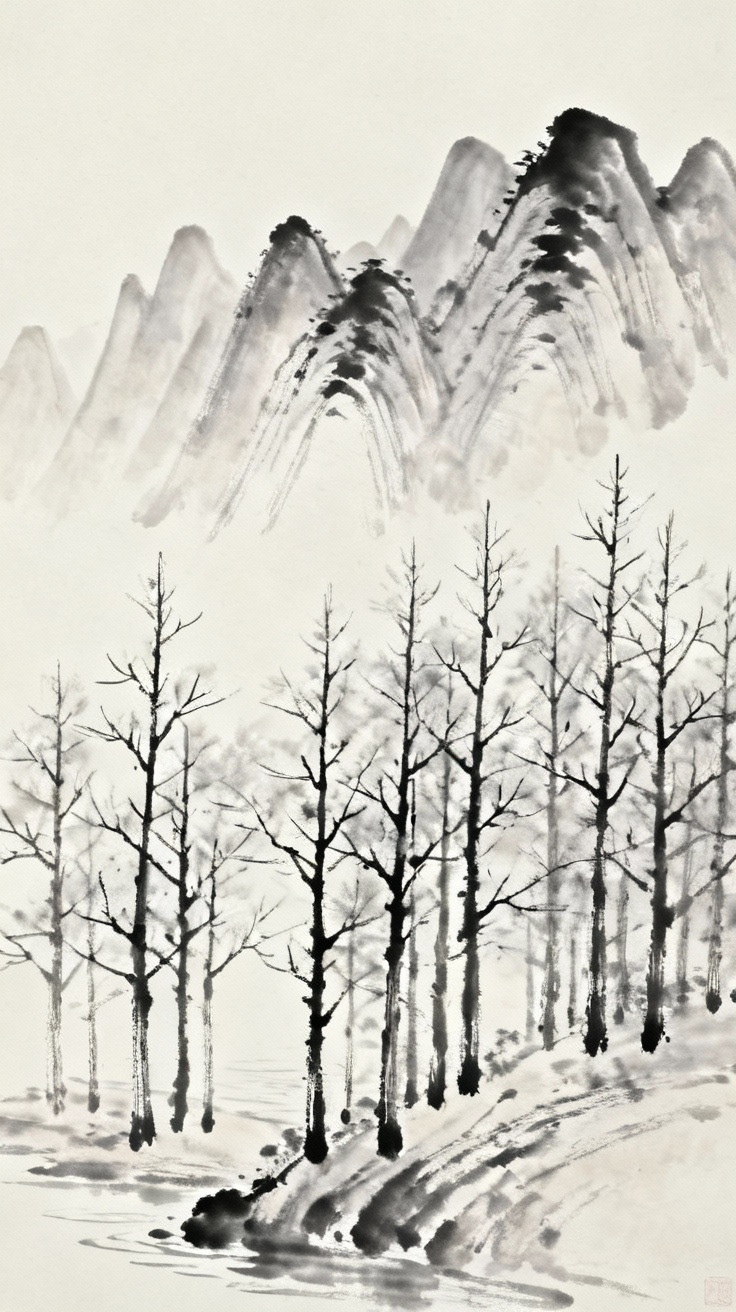 富春江两岸高山，寒树竞上，千百成峰