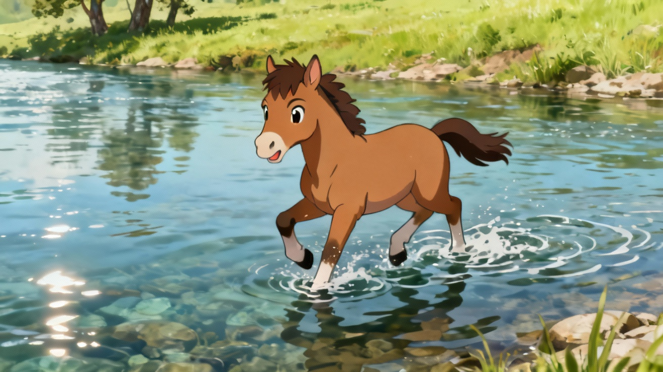 小马勇敢地走进河水中