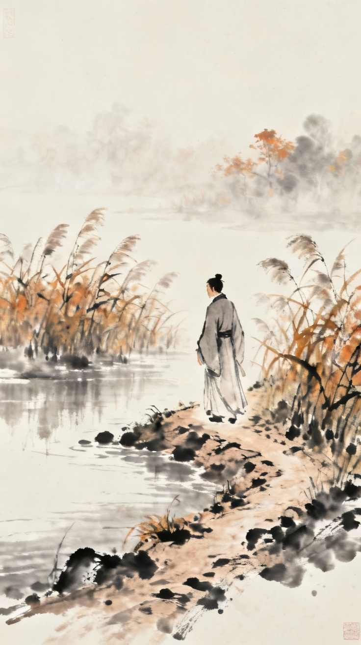 古装男子在河边寻找心上人，身穿汉服长袍，芦苇茂盛，道路崎岖，水墨画意境