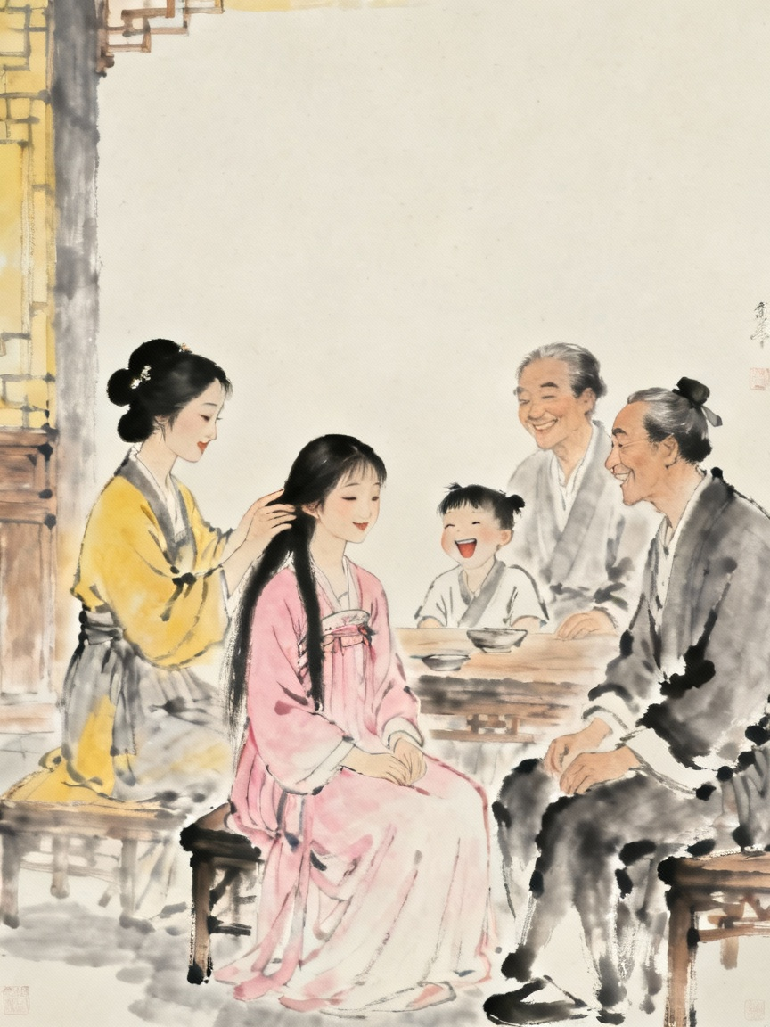 木兰回到家中恢复女儿身，与家人团聚的温馨场景