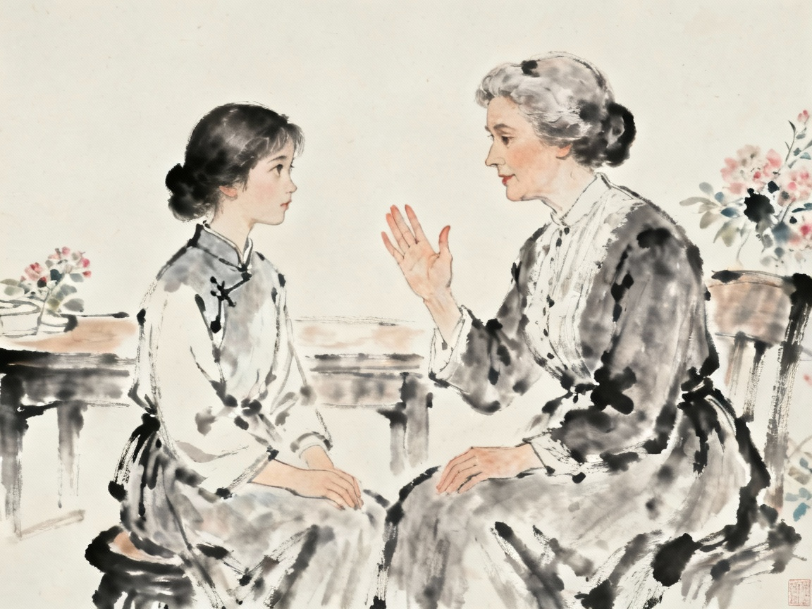 海伦凯勒和沙利文老师面对面对话交流的温馨场景