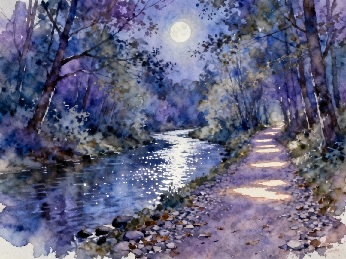 月光下的小河和小路