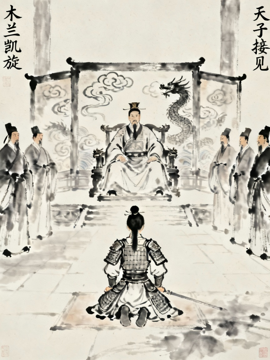 木兰凯旋归来受到天子接见的朝堂场景