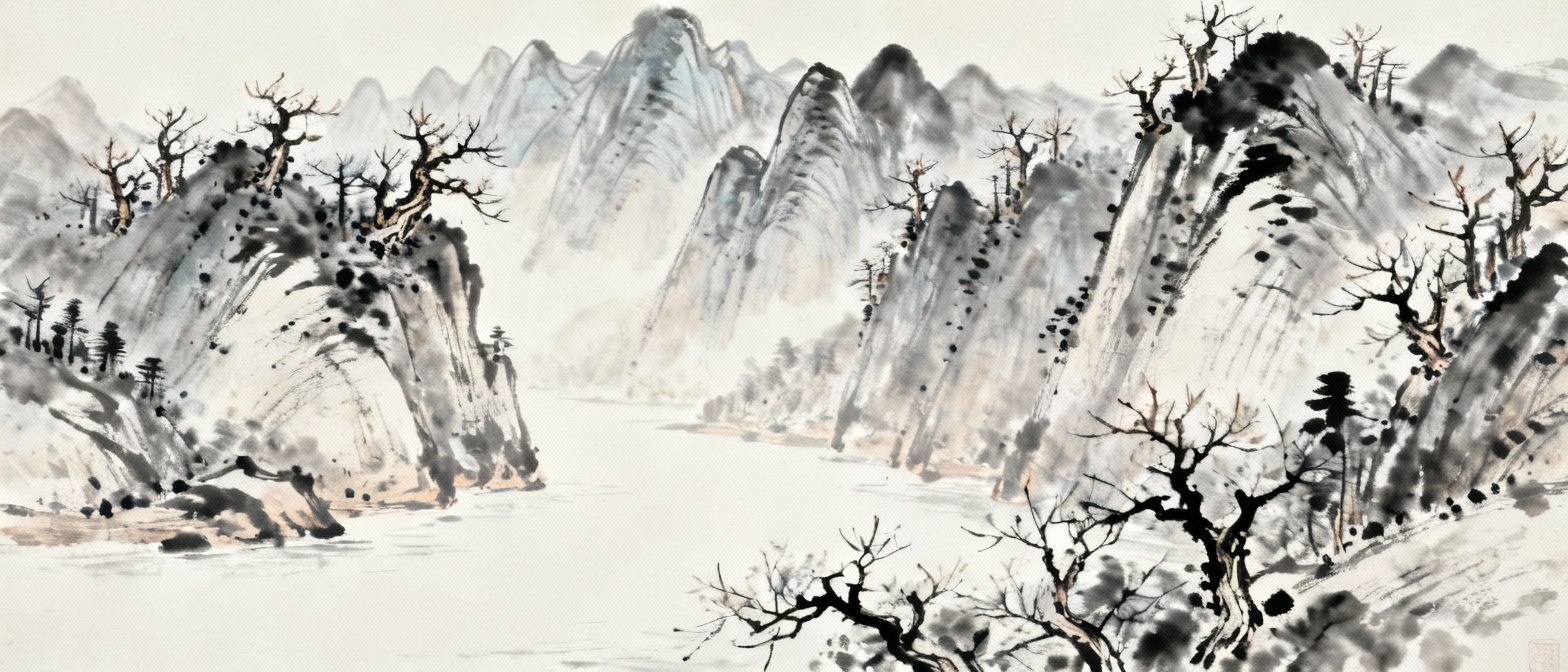 富春江两岸高山，寒树竞上，千百成峰