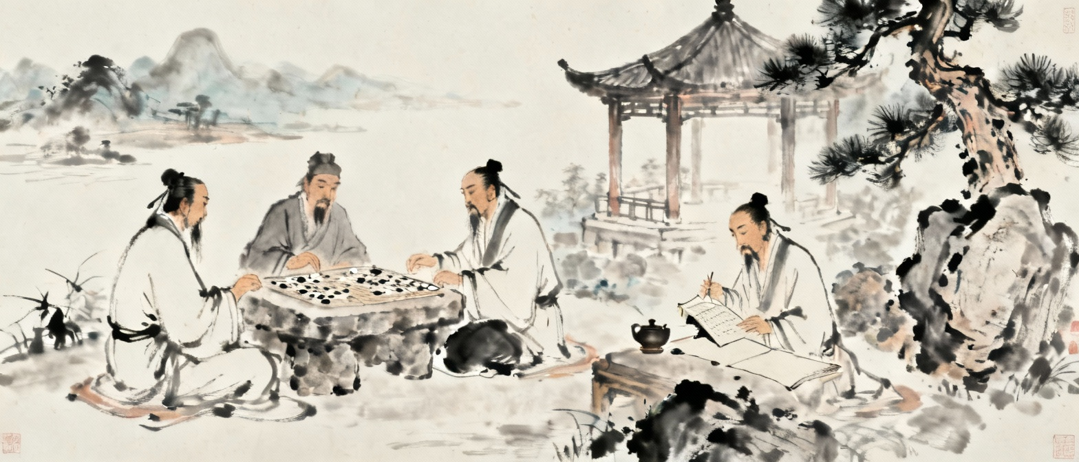 渔人在桃花林中探索前行的场景