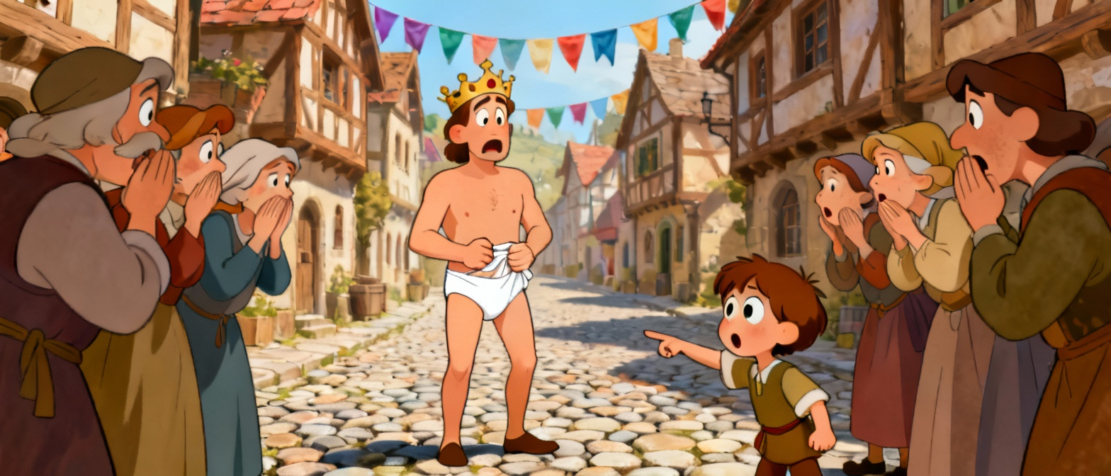 皇帝穿着白色内裤和百姓的反应场景，皇帝表情惶恐不安，百姓们窃窃私语和震惊的表情，小孩指着皇帝