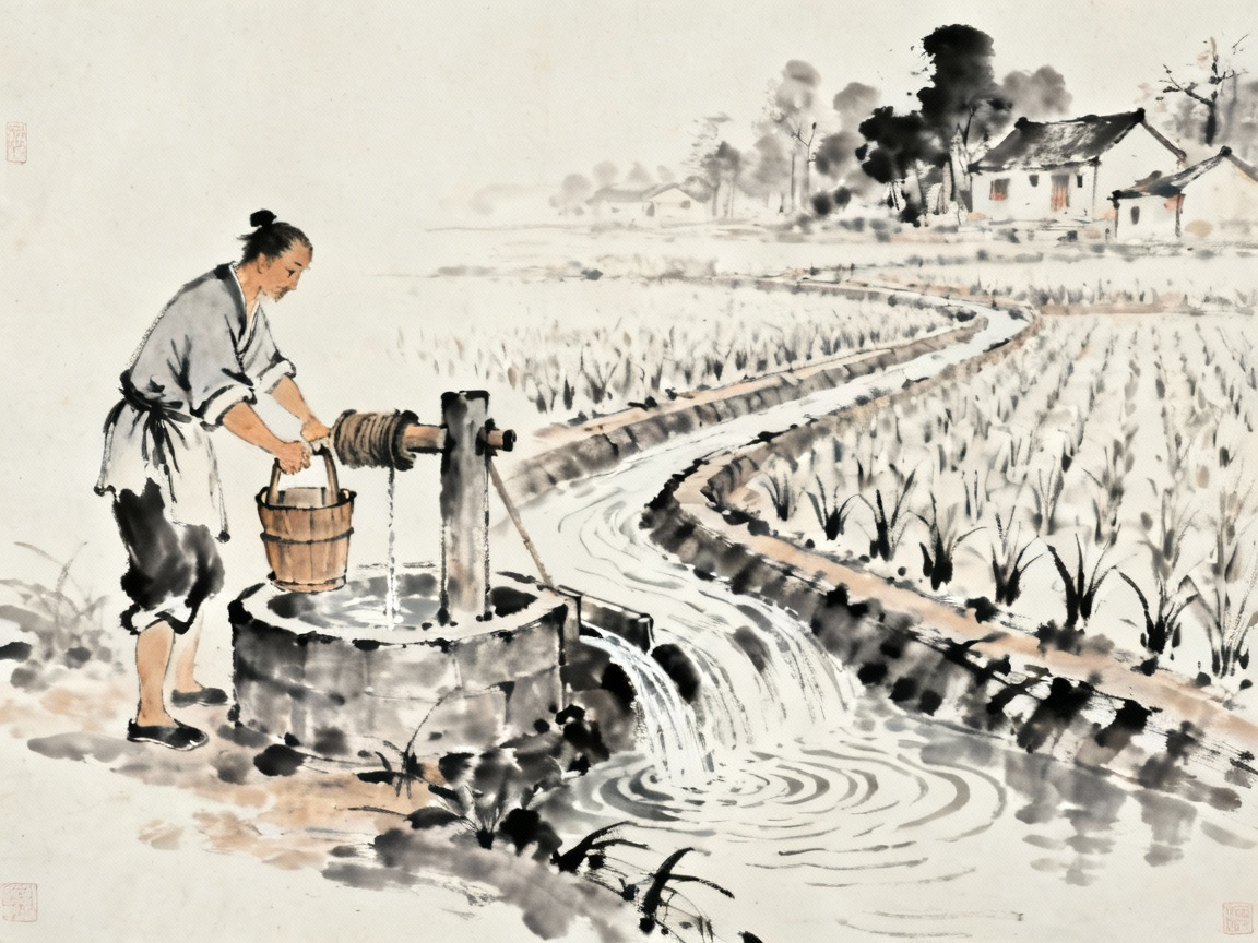 古代井水灌溉农田的场景