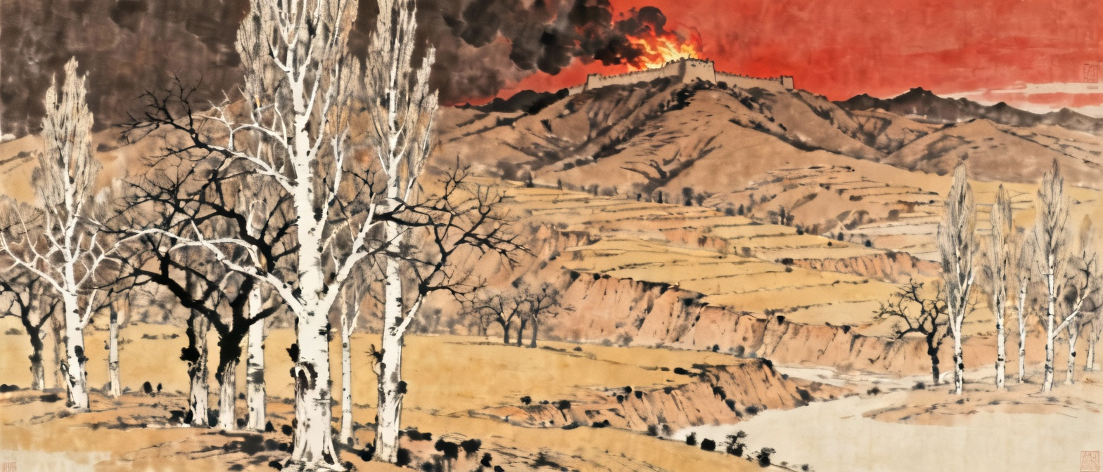 1940年代抗战时期历史背景，黄土高原上的白杨树，远山烽火，庄重严肃的色调