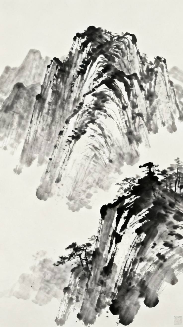 泰山神奇秀丽的自然造化，水墨画风格，阴阳分明的山势