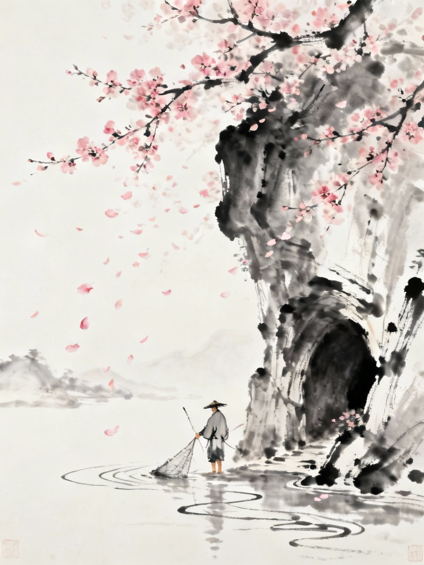 渔人发现山洞入口，桃花飞舞