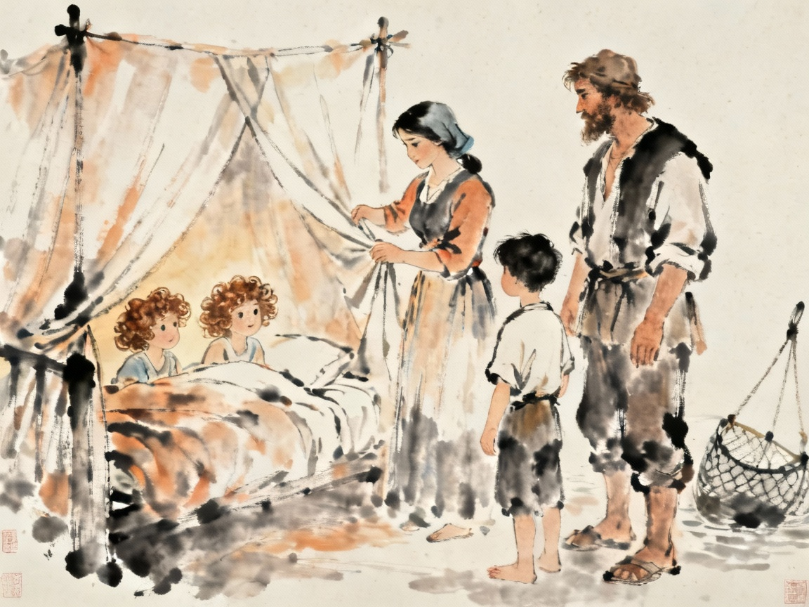 桑娜拉开帐子显示收养的两个卷发小孩