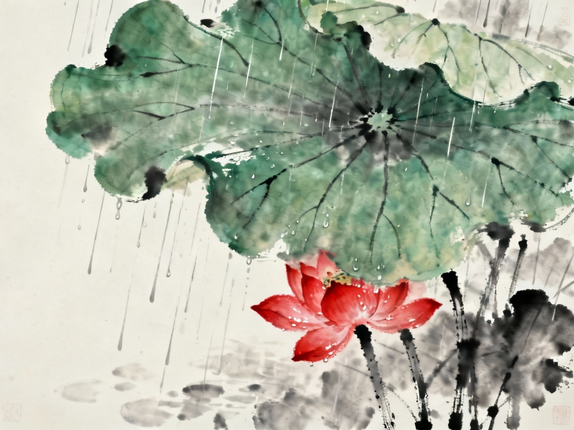 雨中荷叶覆盖红莲的真实场景