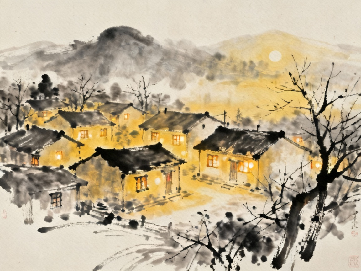 乡村夜晚灯火通明