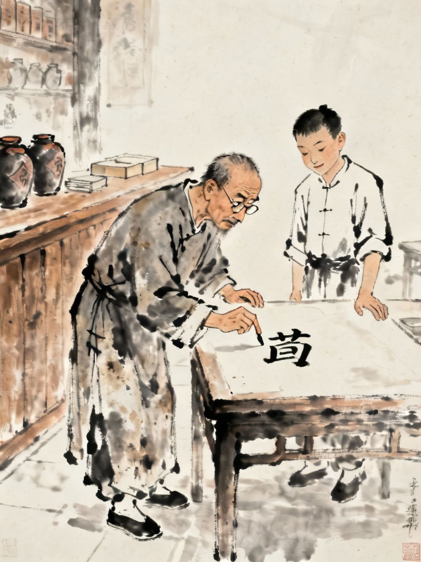 孔乙己教小伙计写字场景