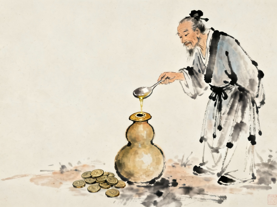 卖油翁演示倒油绝技，葫芦放地上，铜钱盖口，用勺子倒油穿过钱孔
