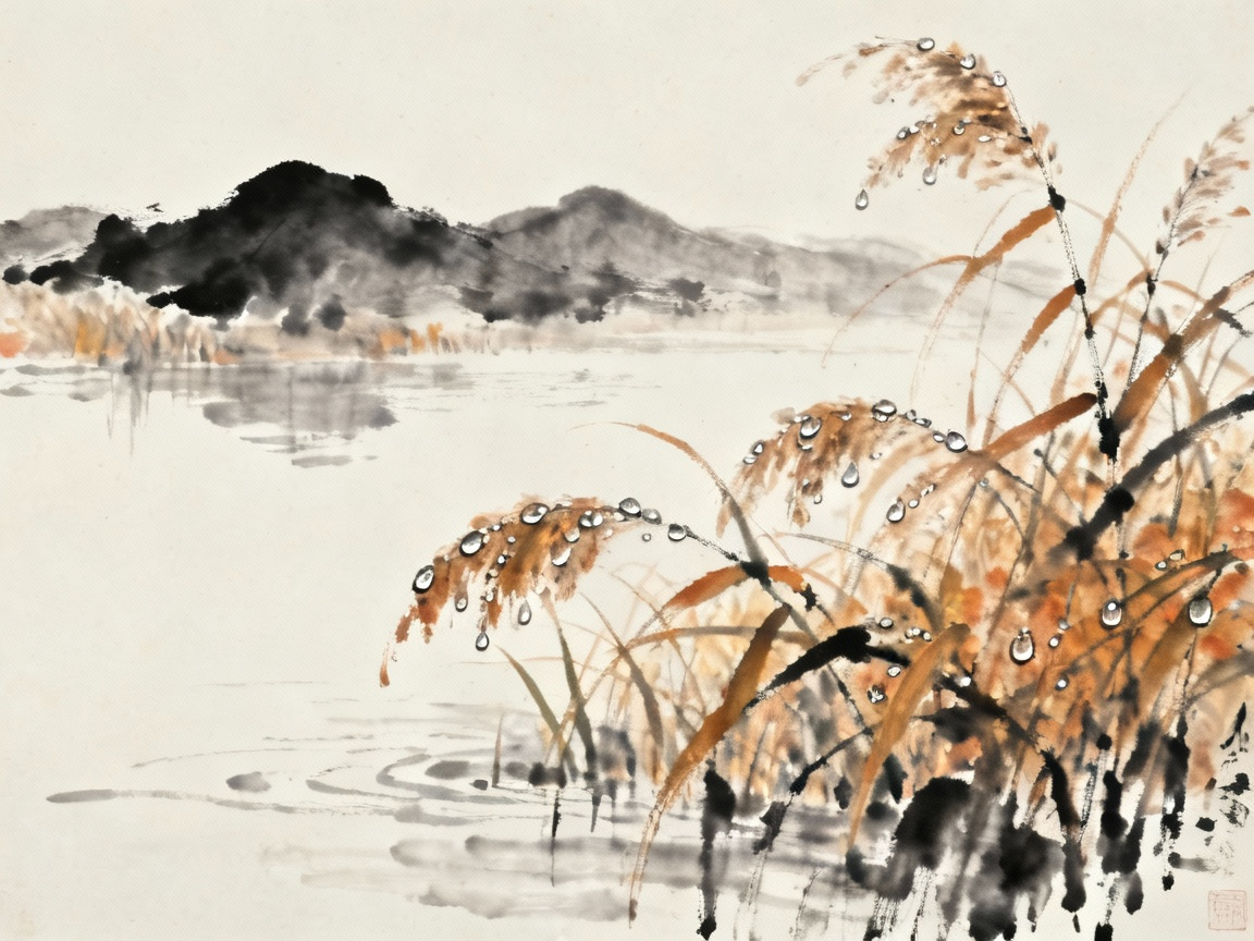 秋日水边芦苇采采，露珠晶莹，远山如黛，水墨画风格