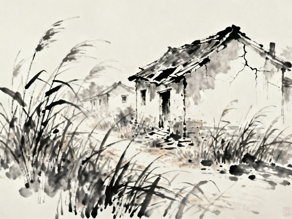 荒废的家园，野草丛生，破败的房屋