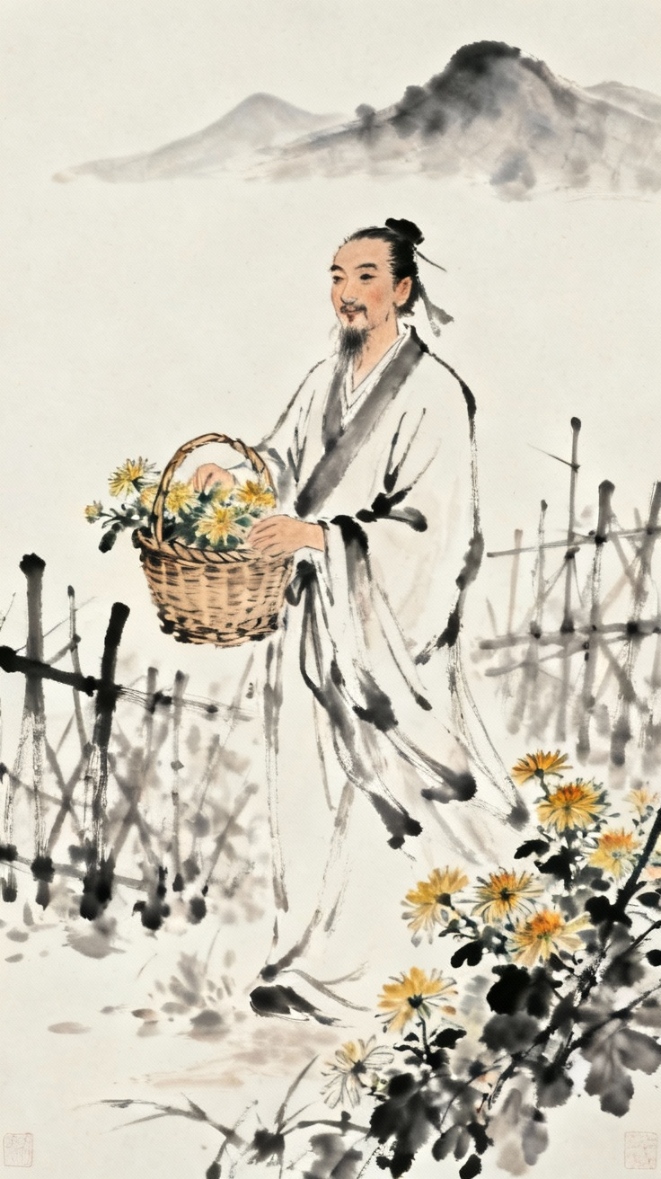 陶渊明采菊东篱下，中国传统水墨画风格，悠然自得