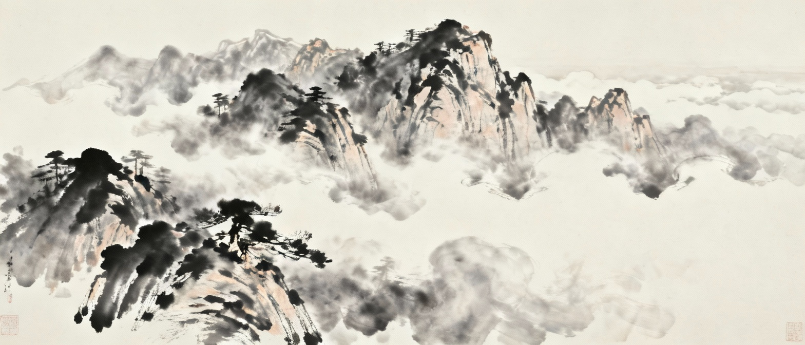 泰山层云生起心胸激荡的场景，水墨画风格，云雾缭绕