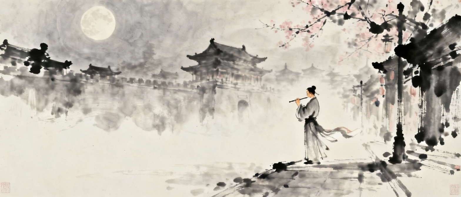 春夜洛阳城中有人吹玉笛的场景，月色朦胧，古代建筑轮廓