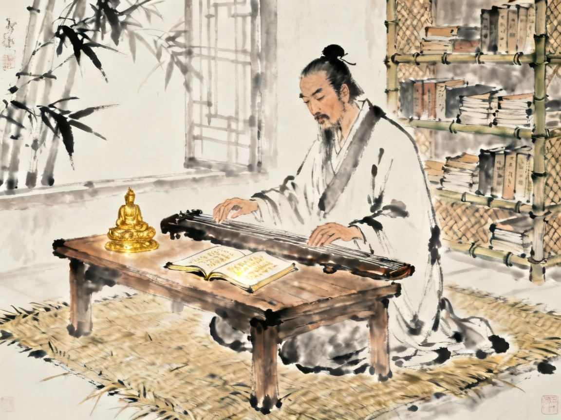 古代文人弹奏素琴，简朴的古琴和金色佛经，宁静的读书环境