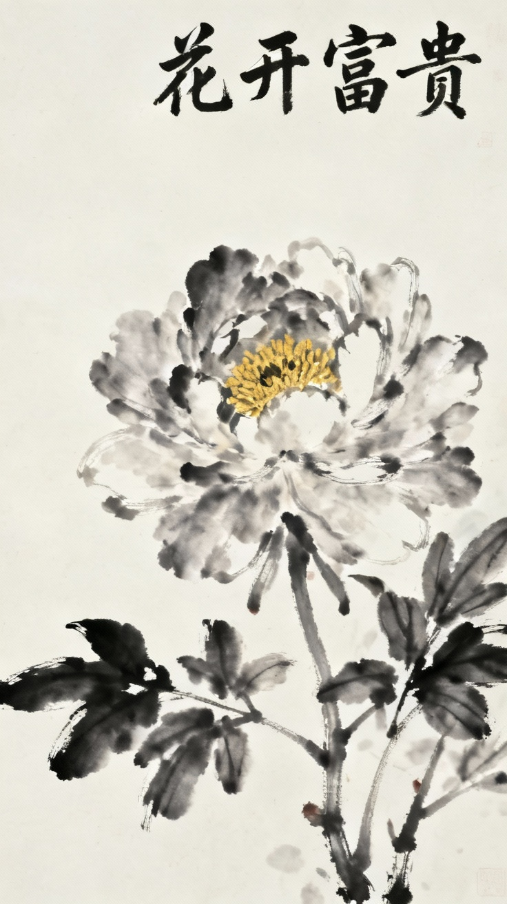 牡丹花开富贵，中国传统水墨画风格，雍容华贵