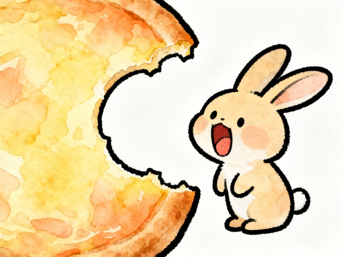 小兔子张开大嘴巴对比大饼上的半圆形缺口