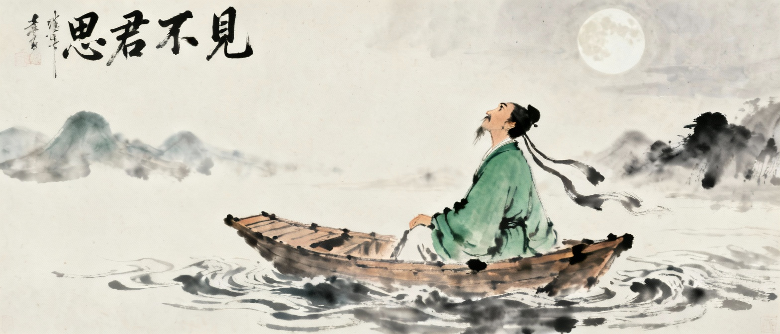 古代诗人李白在月夜中行舟的场景，表现思君不见的情感