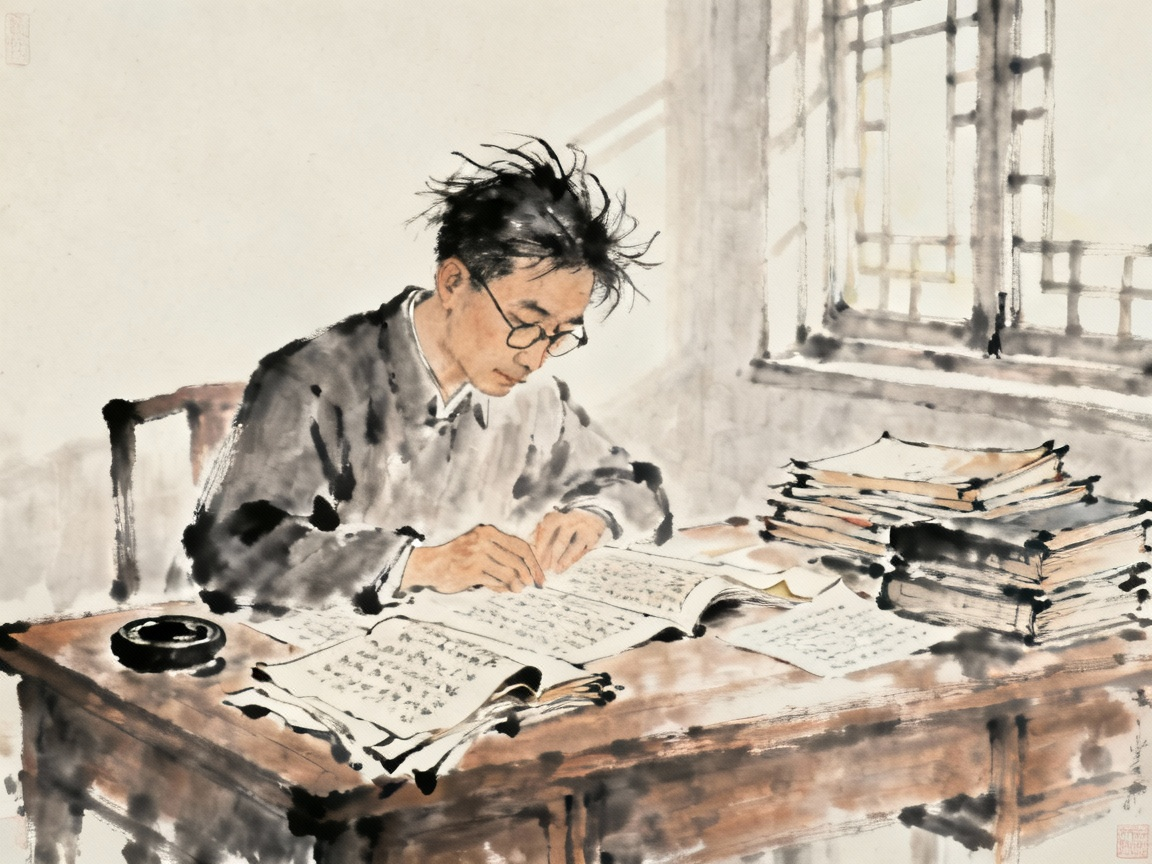 闻一多先生在书房中专心研究