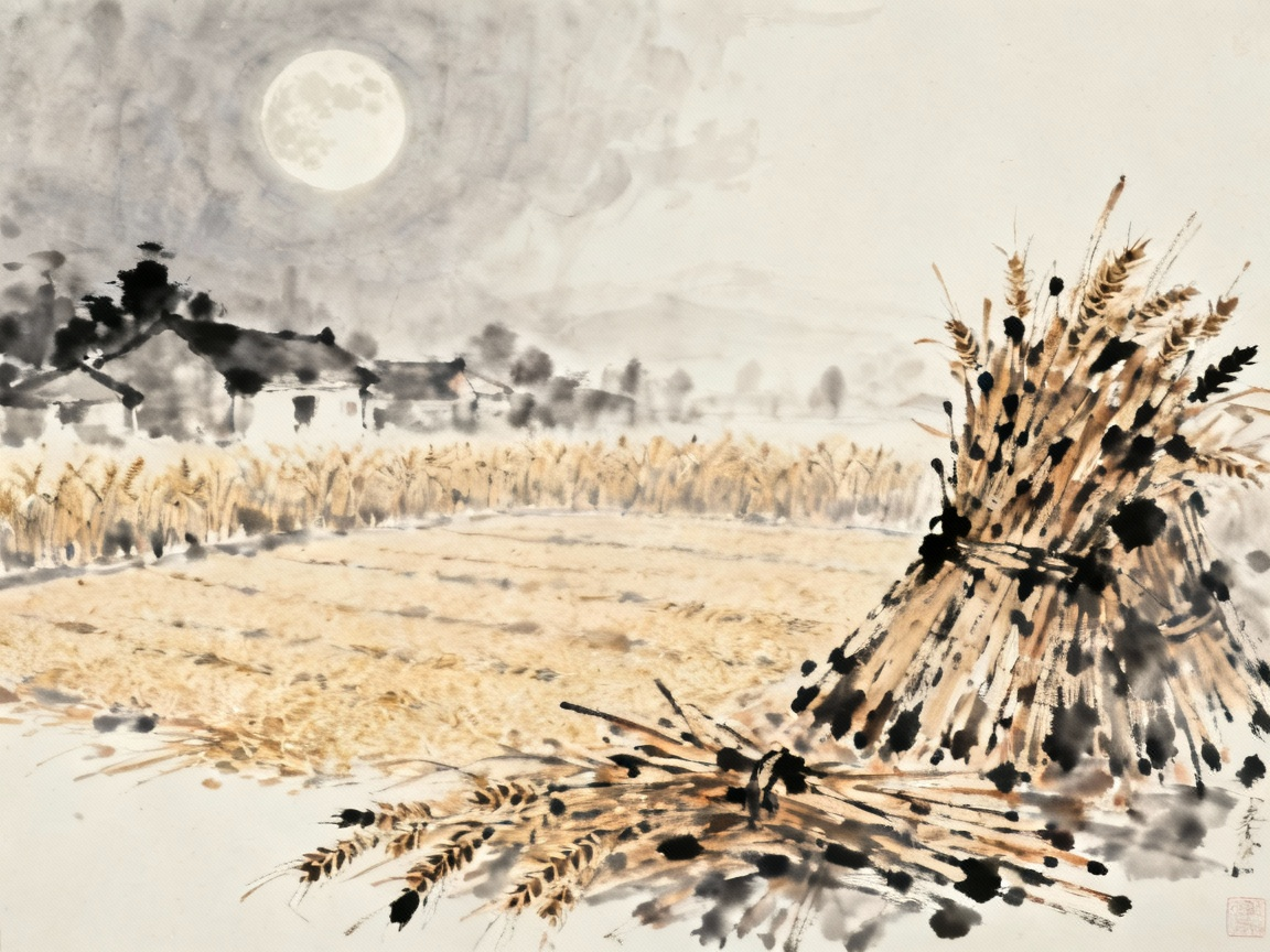 古代乡村夜景，麦场和柴草堆的环境