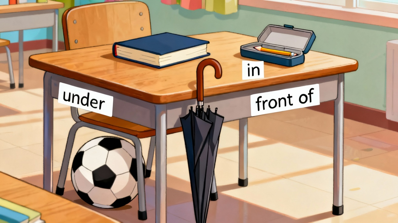 教室场景：书本在桌子上，足球在椅子下，铅笔在铅笔盒里，雨伞在书桌前