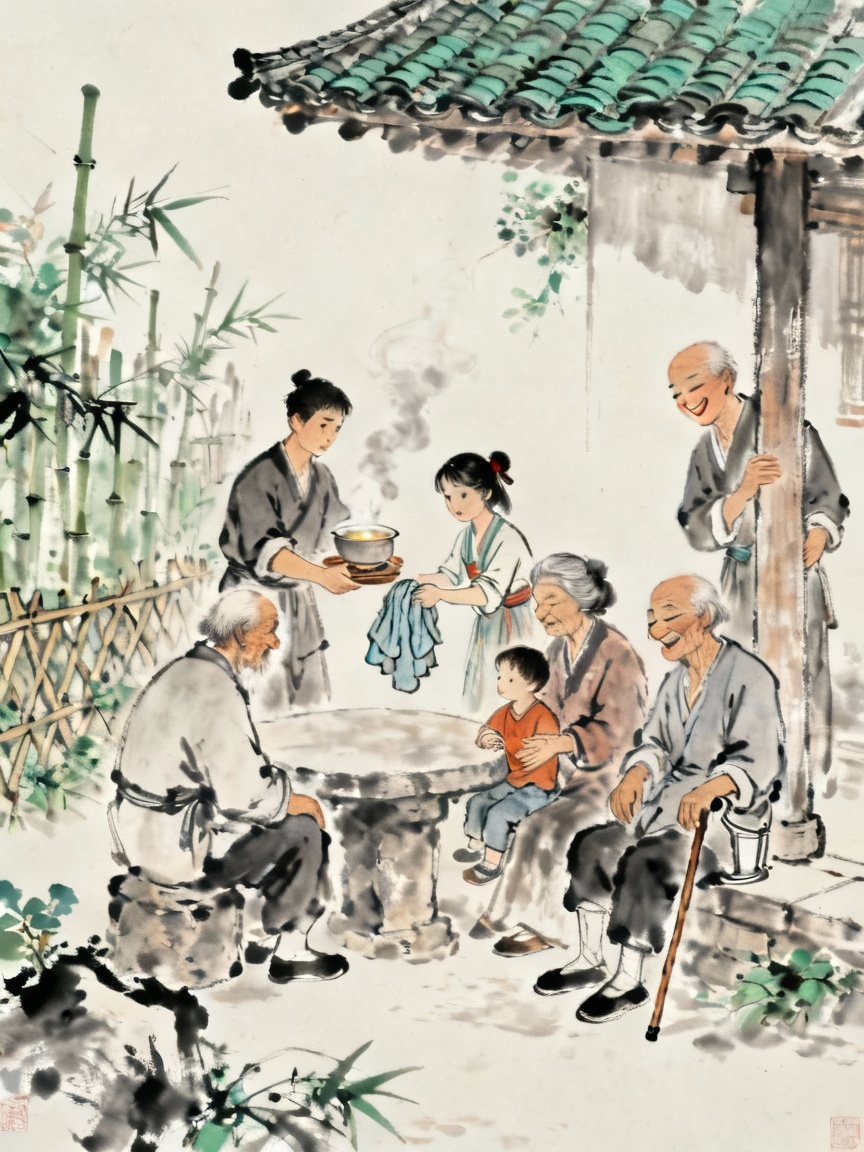 古代社会中矜寡孤独废疾者得到照顾的温馨场景，体现社会关爱
