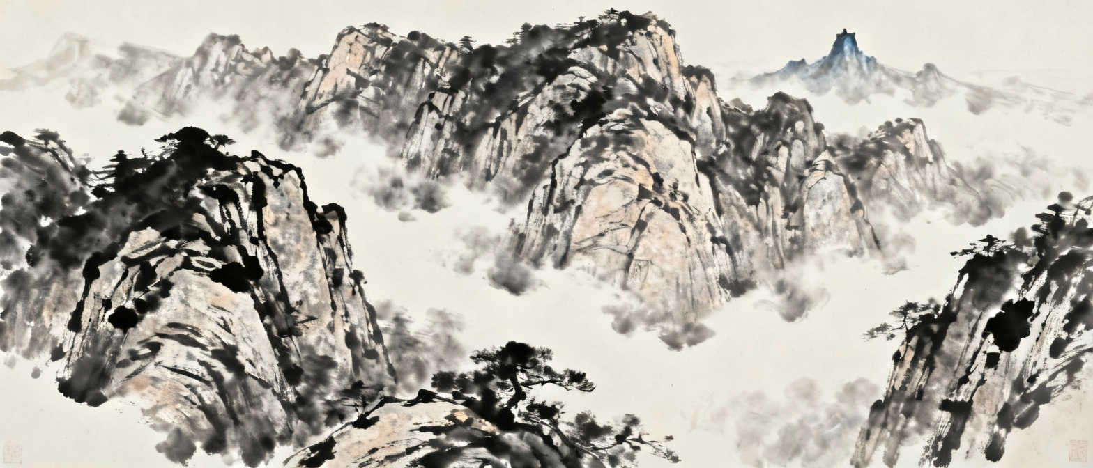 泰山雄伟壮丽的全景，中国传统水墨画风格，展现岱宗的巍峨气势