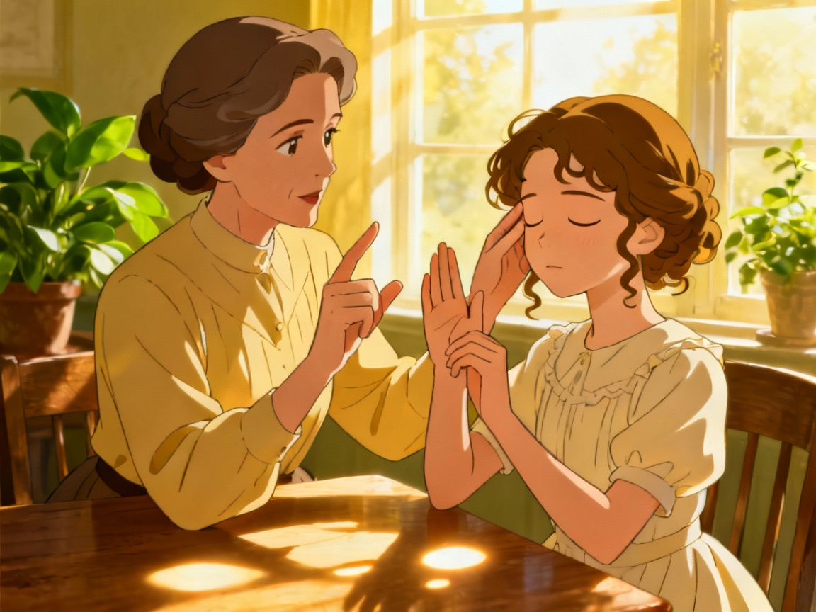 莎莉文老师耐心教导海伦学习手语