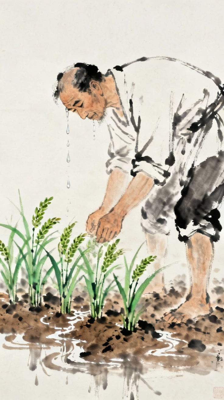 农民汗水滴落在禾苗下的土地上