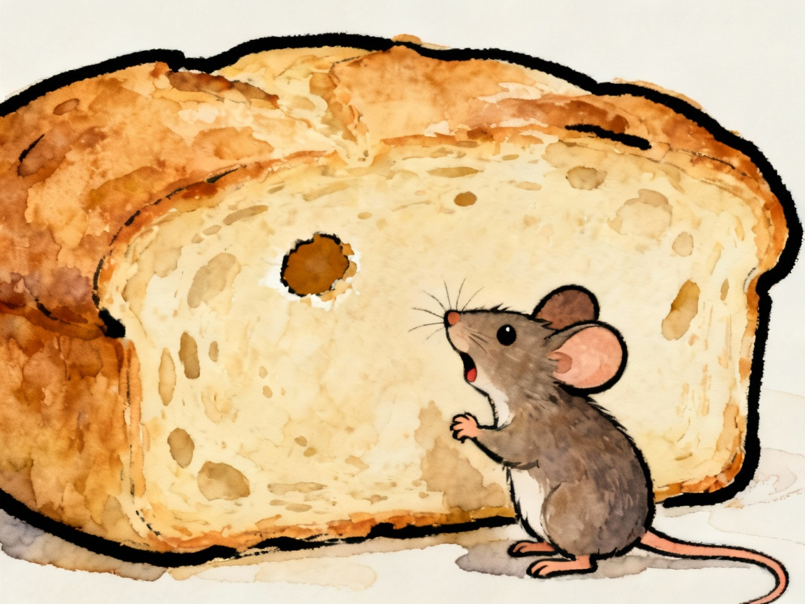 小老鼠张开小小的嘴巴对比大饼上的小圆形缺口