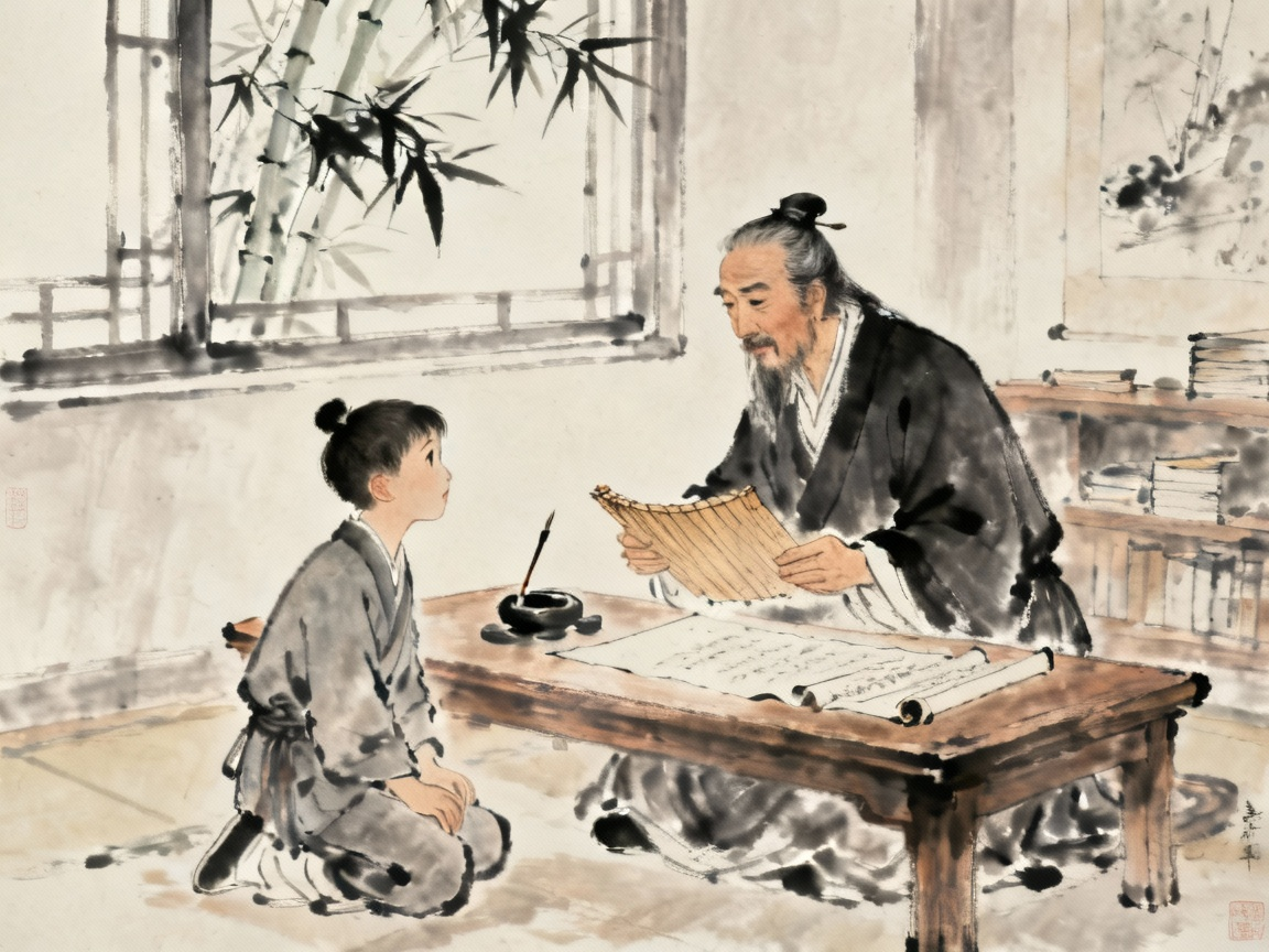 诸葛亮在古代书房中教导儿子的场景