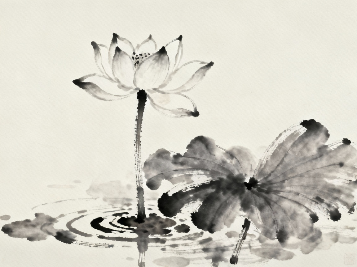 莲花出淤泥而不染，中国传统水墨画风格，清雅脱俗