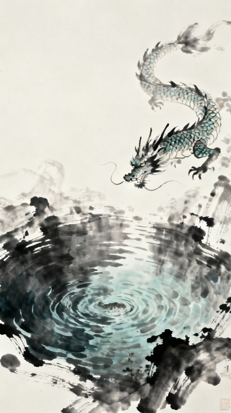 深潭流水，清澈的深水中有龙游动，神秘的水中世界