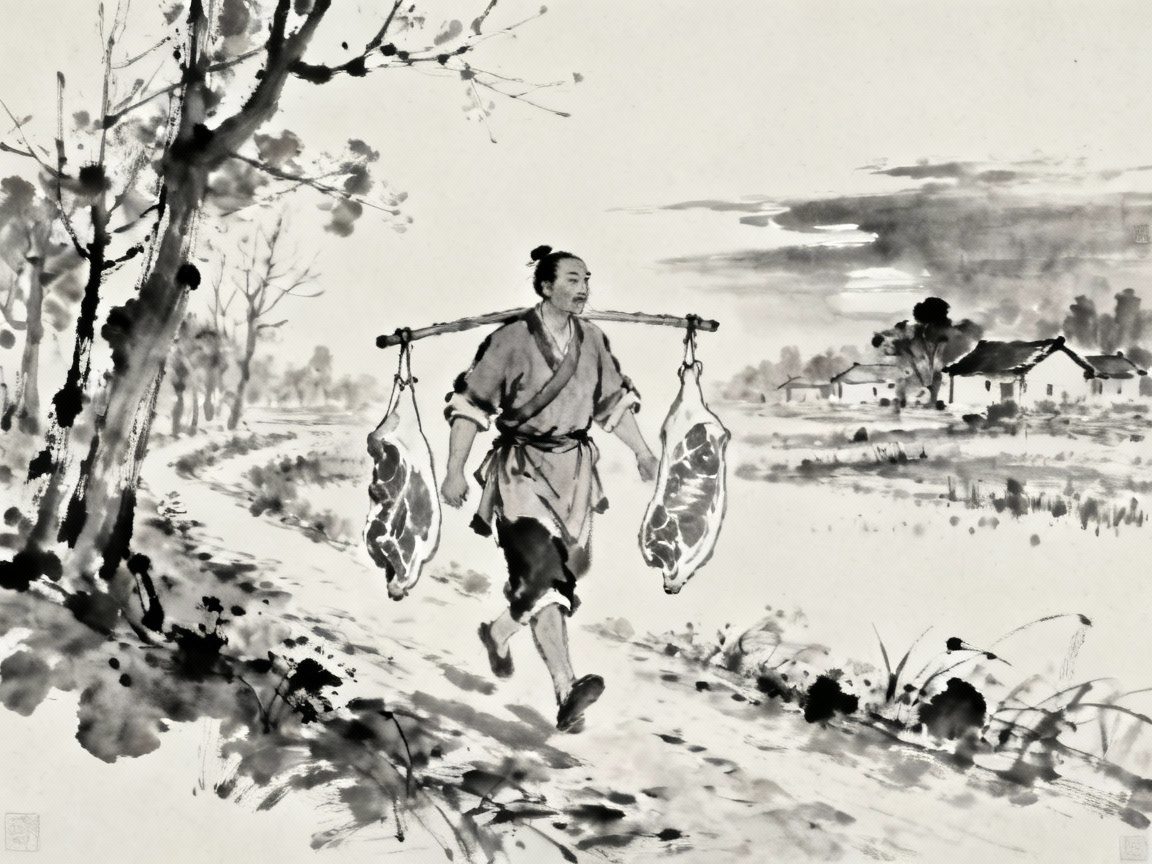古代屠户晚归，挑着担子走在乡间小路上