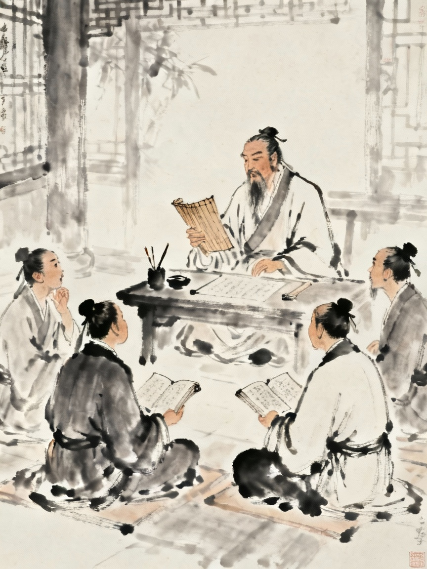 孔子说话的场景，古代圣人教导弟子，传统书院教学场景