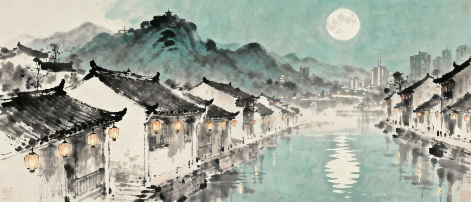 渝州古城夜景，远山如黛，月光如水