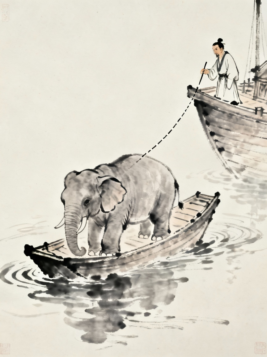 曹冲在船舷上沿着水面画线做标记，大象站在船上，古代中国风格，水墨画